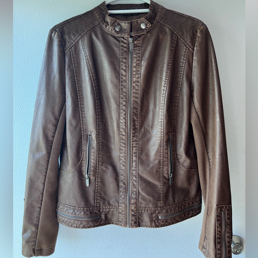 Boutique style faux leather lightweight jacket, khaki, size large, brand new.